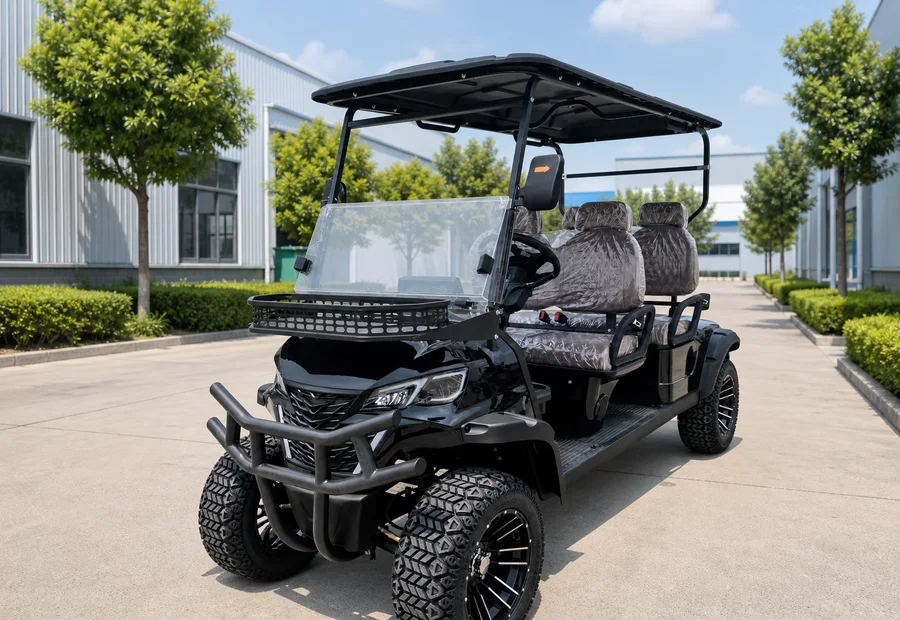 Four-seat Cadyro electric golf cart for resorts, communities, and commercial fleets